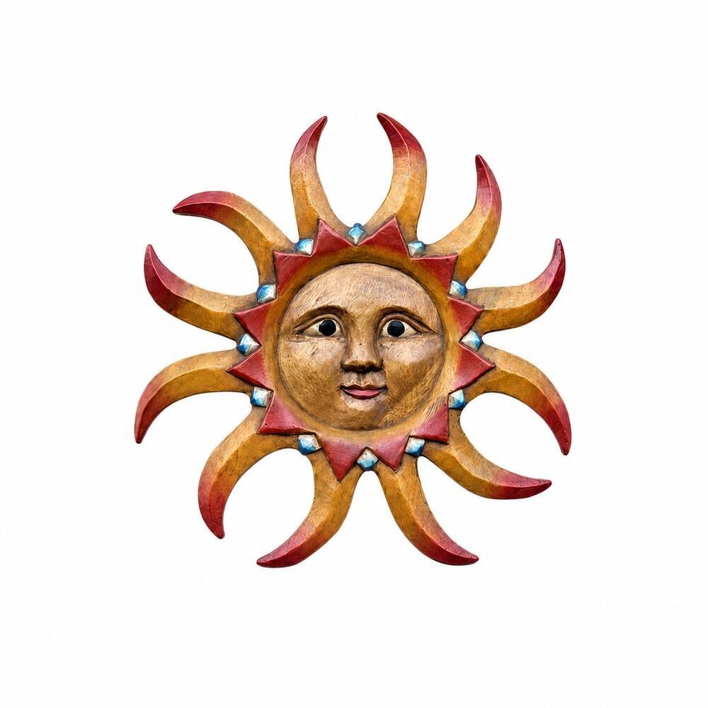 VTG Carved Wooden Sun Face Celestial Wall Plaque 16"